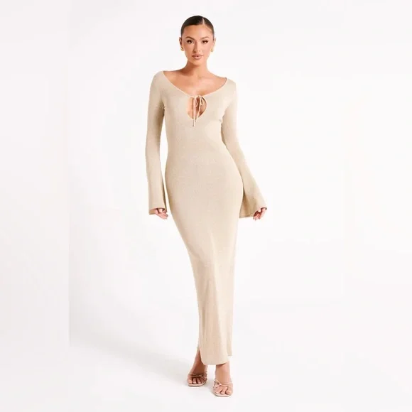 NWT Meshki Kamila Gold Maxi Dress with Long Sleeves - Picture 1 of 9